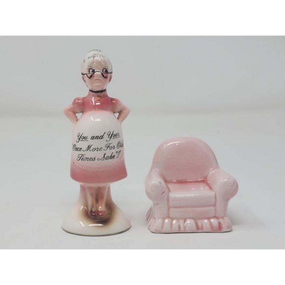 Vintage Enesco Salt And Pepper Pregnant Old Lady With A Chair